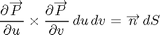 $$ \frac{\partial\overrightarrow P}{\partial u} \times \frac{\partial\overrightarrow P}{\partial v} \,du\,dv = \overrightarrow n\, dS $$